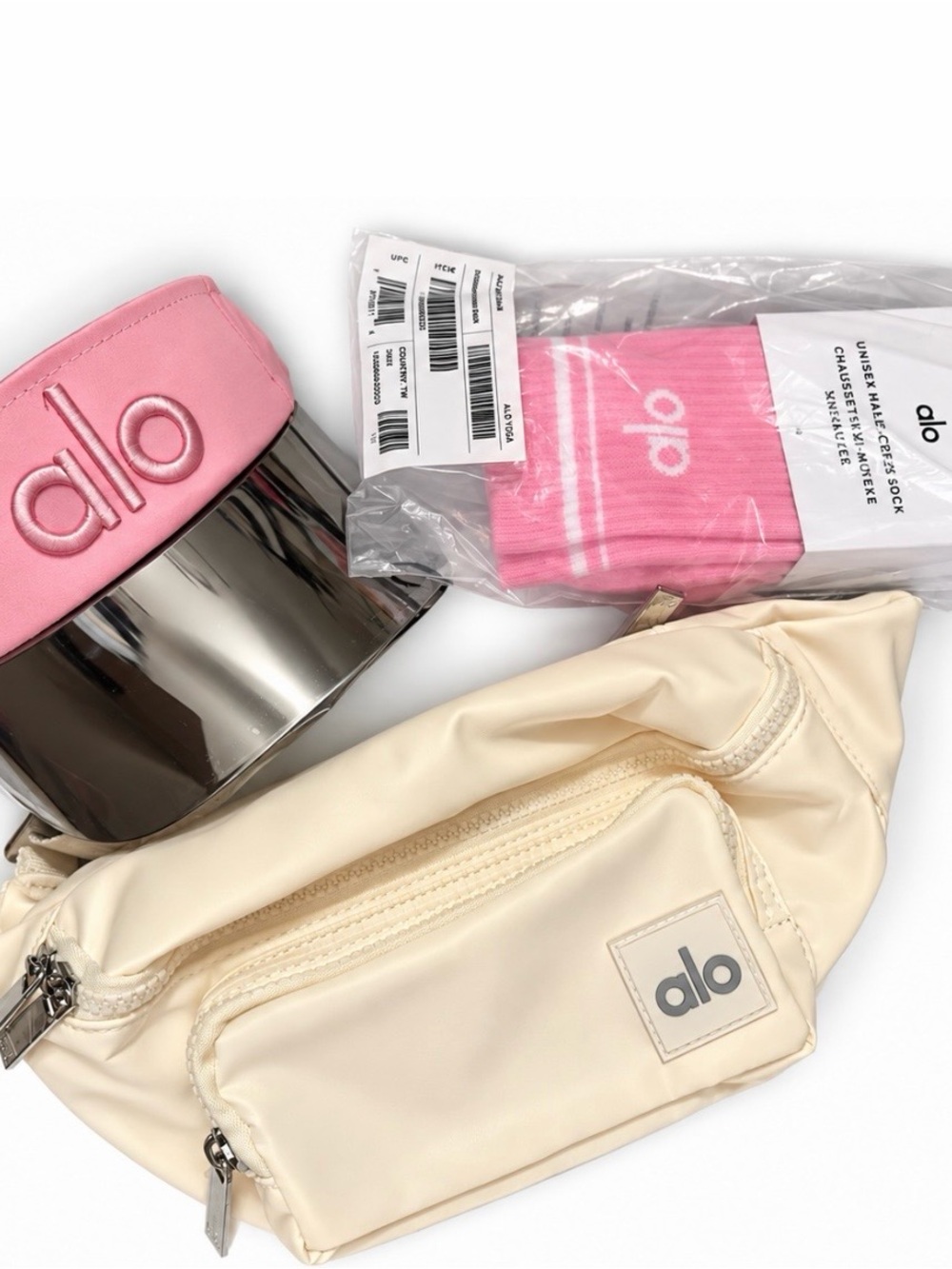 ALO Yoga 3-Piece Set Cream Belt Bag Pink Solar Visor & Half-Crew Socks. F.ship